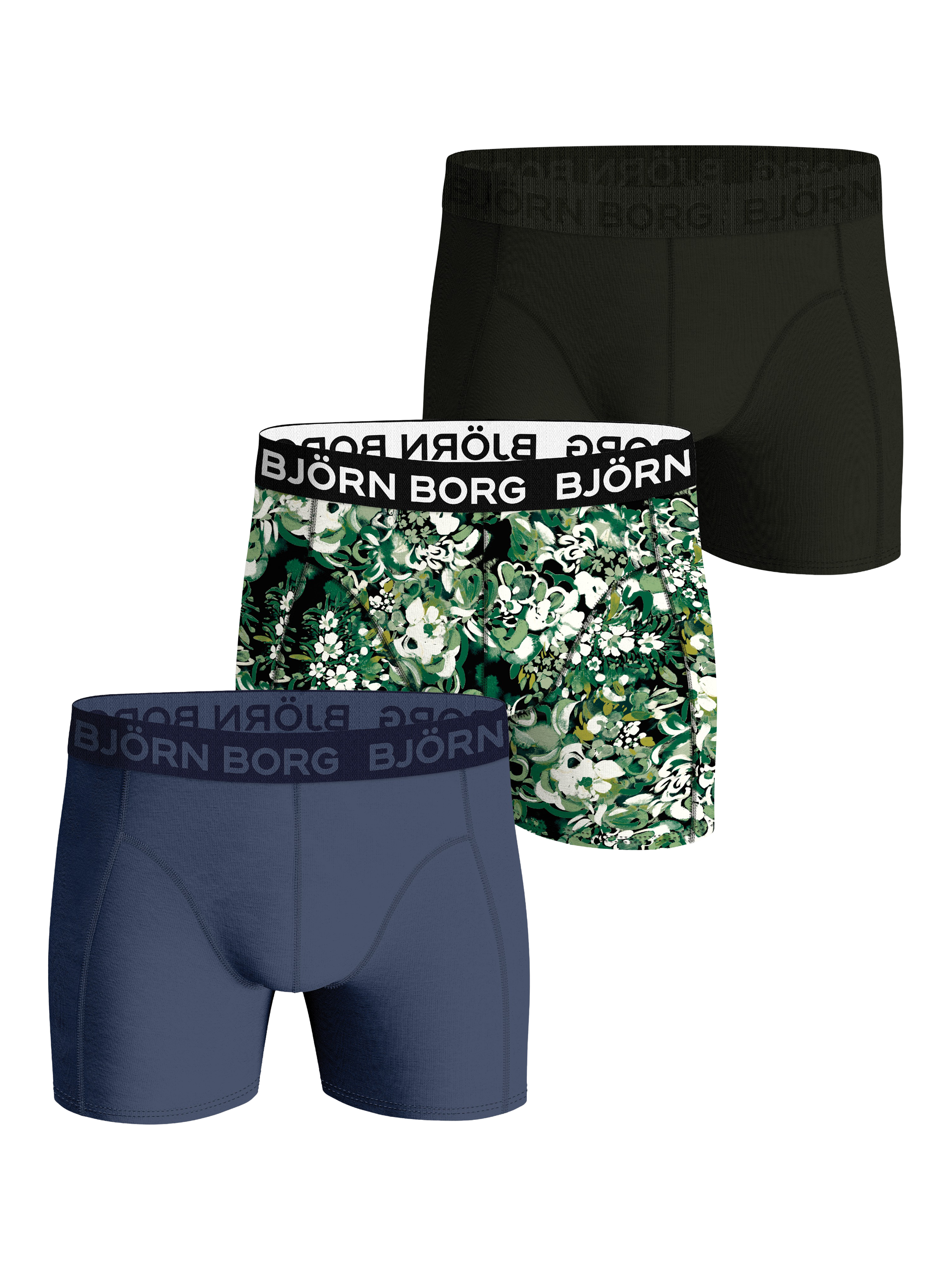 Björn Borg Leaf & Plain Cotton Stretch Boxer Briefs, Pack of 3, Green/Multi