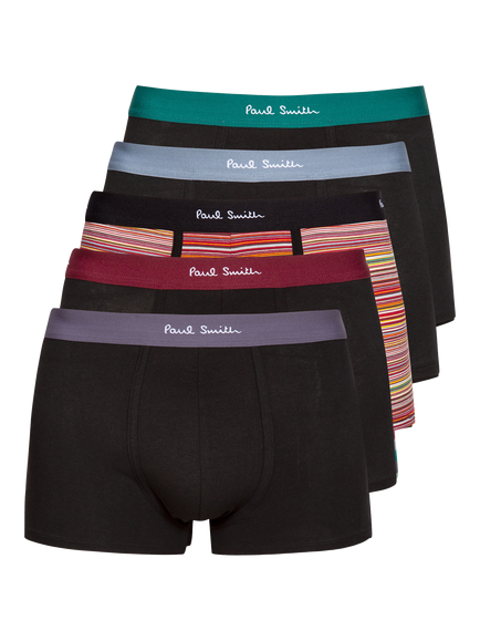 Paul Smith Plain & Stripe Contrast Waistband Trunks, Pack of 5, Black, Black