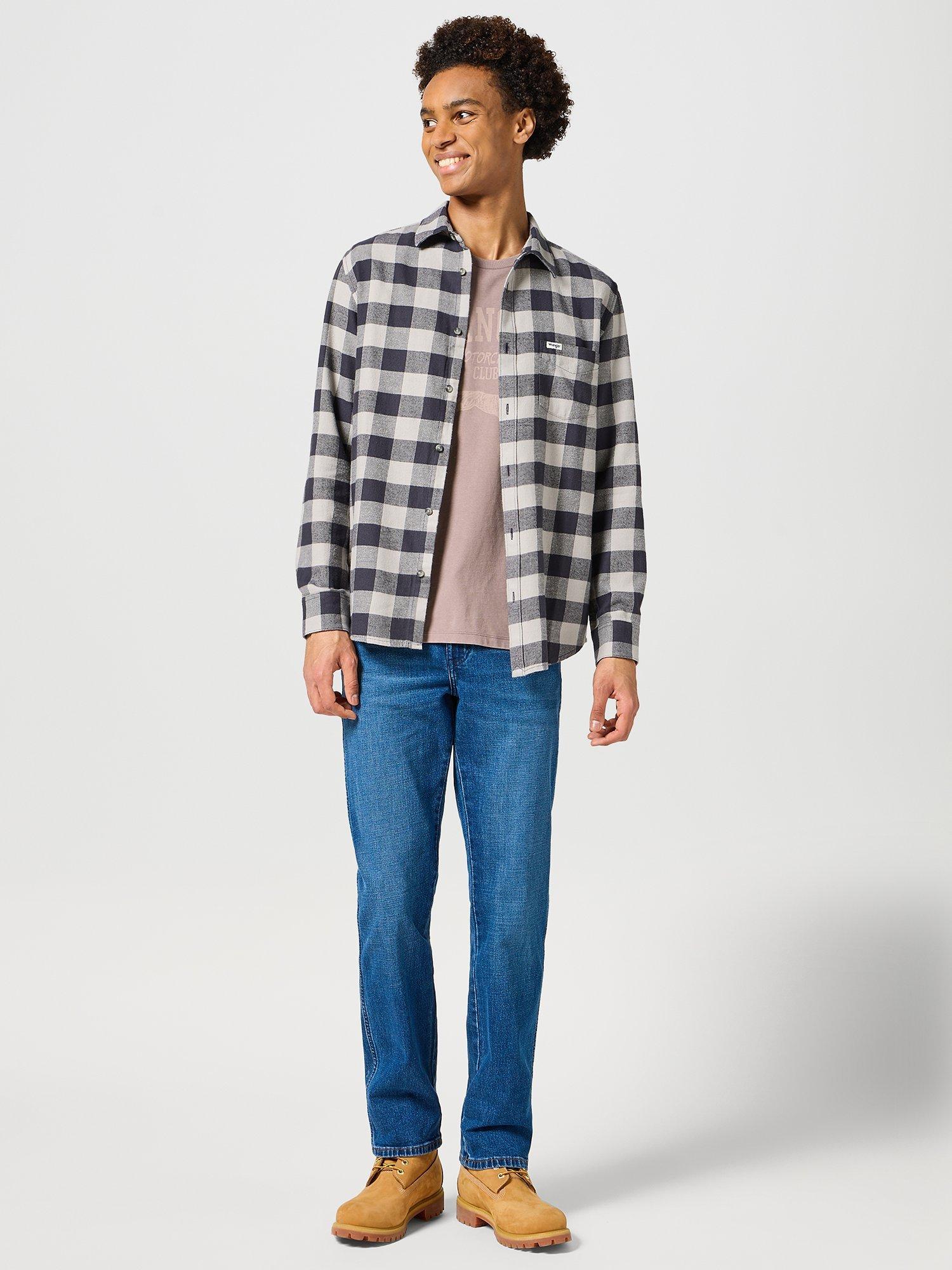Product image 1 of 6, which shows Wrangler Cotton Regular Fit Check Shirt, Grey, M