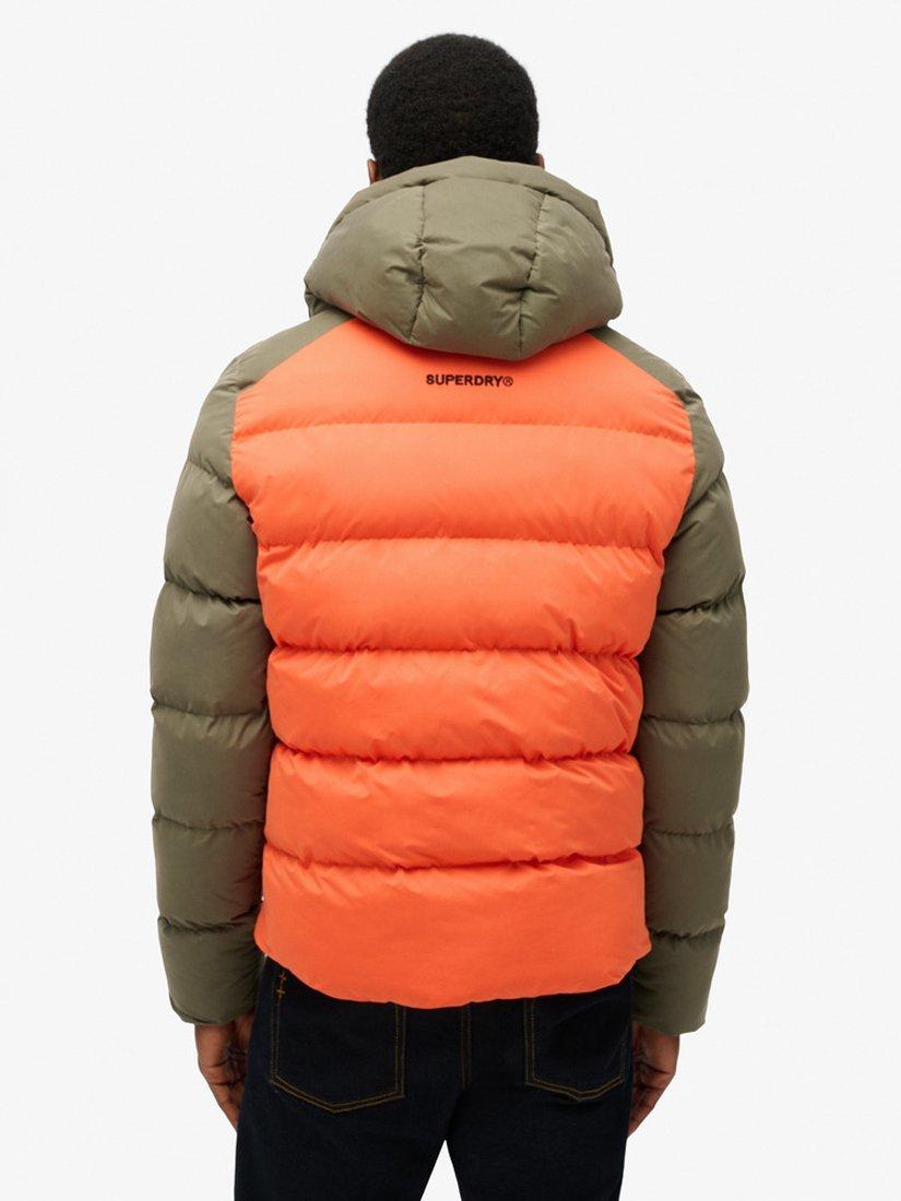 Product image 2 of 6, which shows Superdry Colour Block Sport Hooded Puffer Jacket, Khaki Colourblock, S