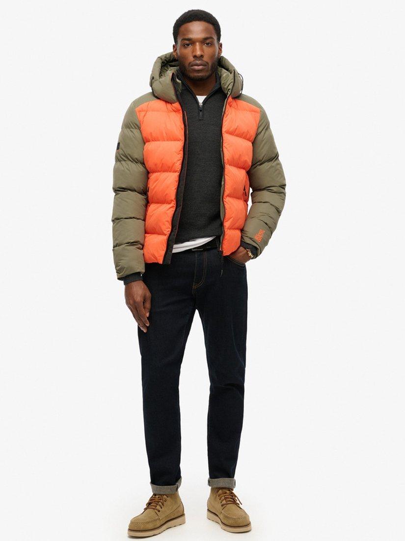 Product image 4 of 6, which shows Superdry Colour Block Sport Hooded Puffer Jacket, Khaki Colourblock, S