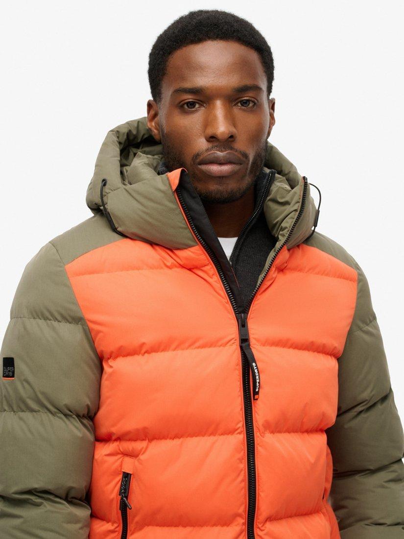 Product image 5 of 6, which shows Superdry Colour Block Sport Hooded Puffer Jacket, Khaki Colourblock, S