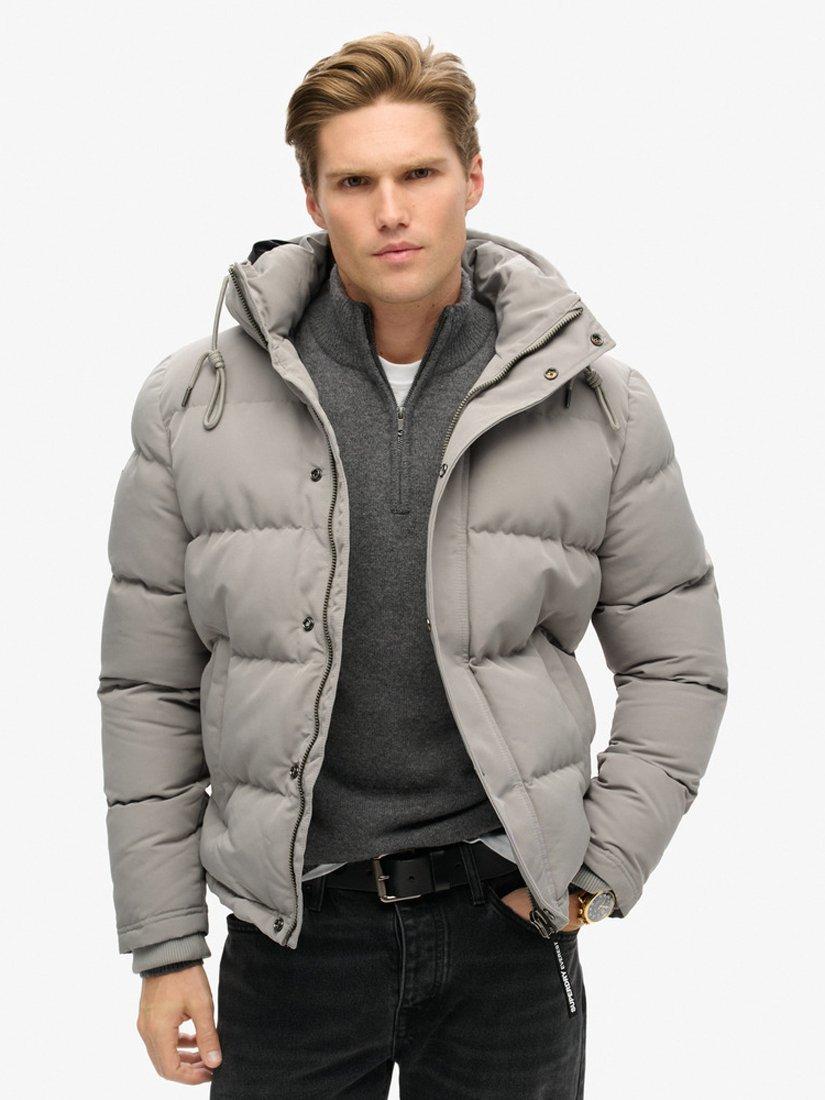 Product image 1 of 6, which shows Superdry Everest Short Hooded Puffer Jacket, Alloy Grey, S