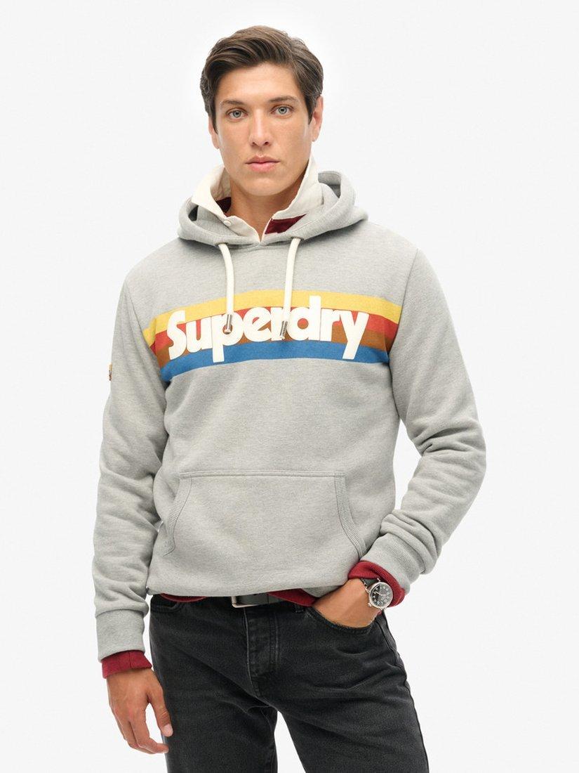 Product image 1 of 4, which shows Superdry Retro Stripe Logo Hoodie, Grey Marl/Multi, S
