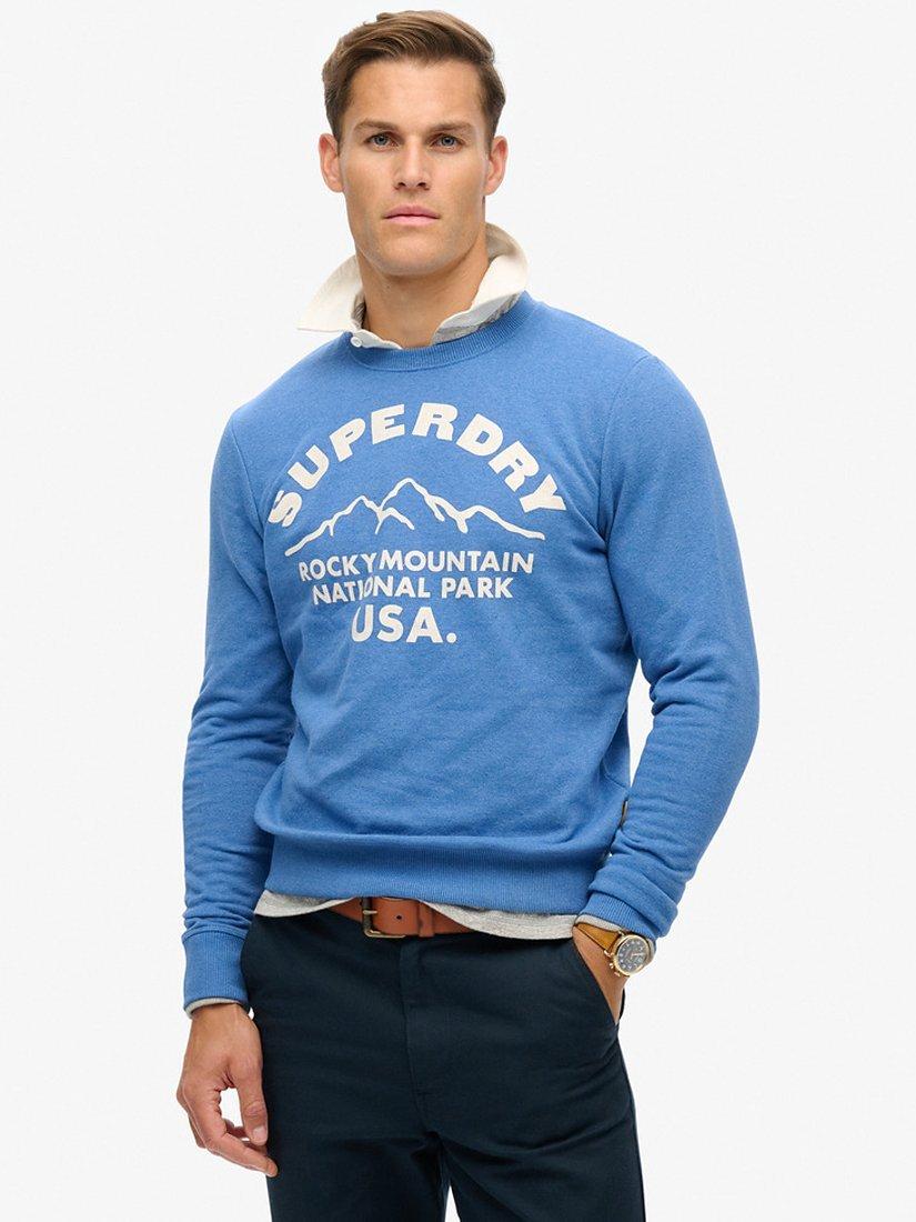 Product image 1 of 6, which shows Superdry Outdoors Graphic Crew Sweatshirt, Ocean Blue, S