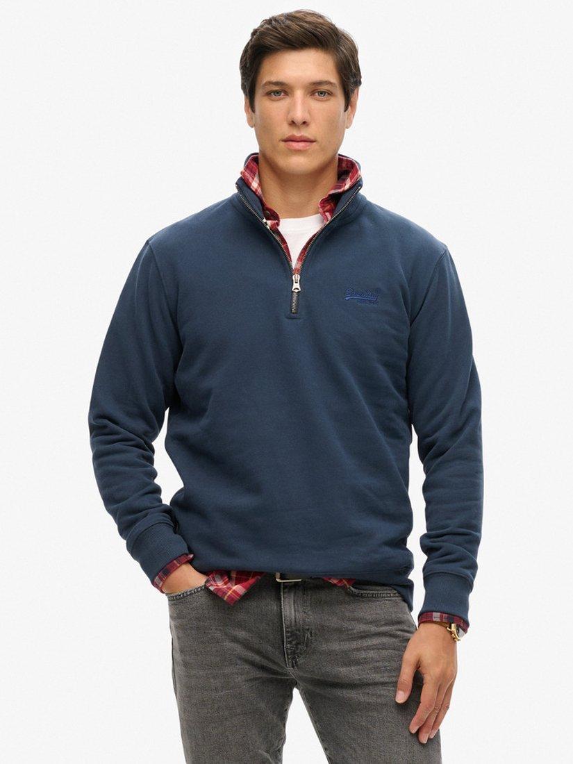 Product image 1 of 5, which shows Superdry Essential Logo Henley Zip Neck Sweatshirt , Lauren Navy, S