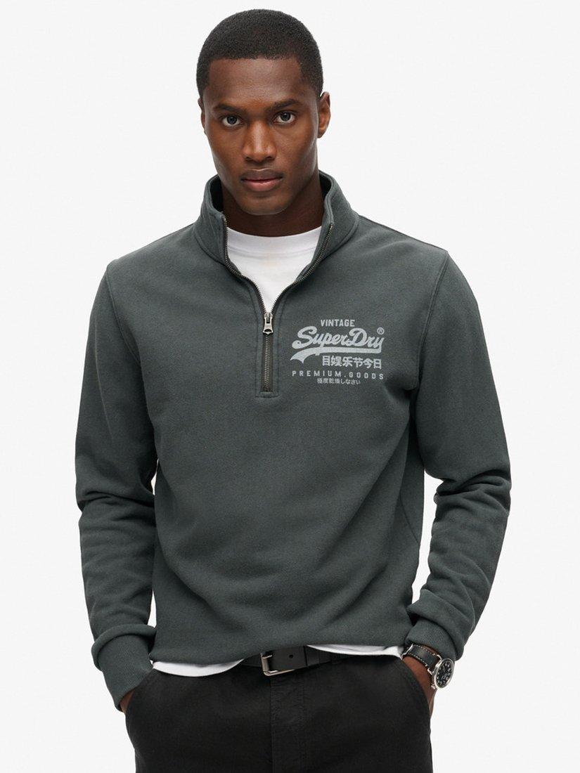 Superdry Classic Graphic Half Zip Cotton Jumper, Washed Black