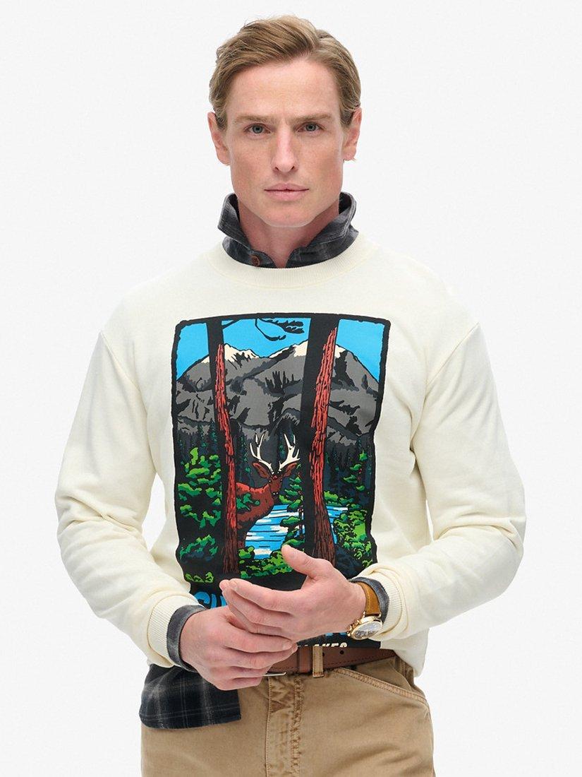 Product image 1 of 3, which shows Superdry Travel Postcard Graphic Crew Sweatshirt, Star White, S