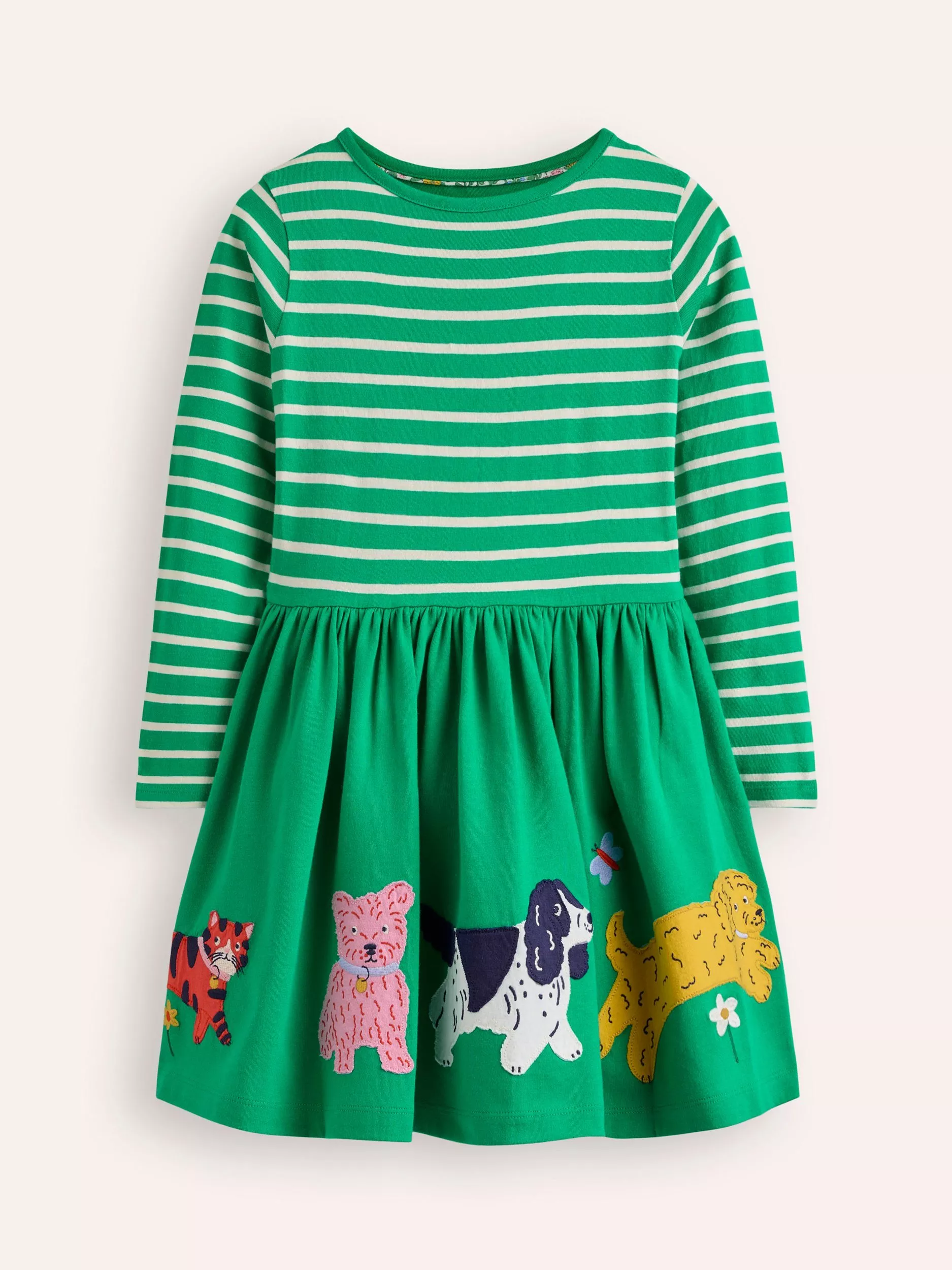 Mini Boden Kids' Coco Applique Dress, Bright Green Pets