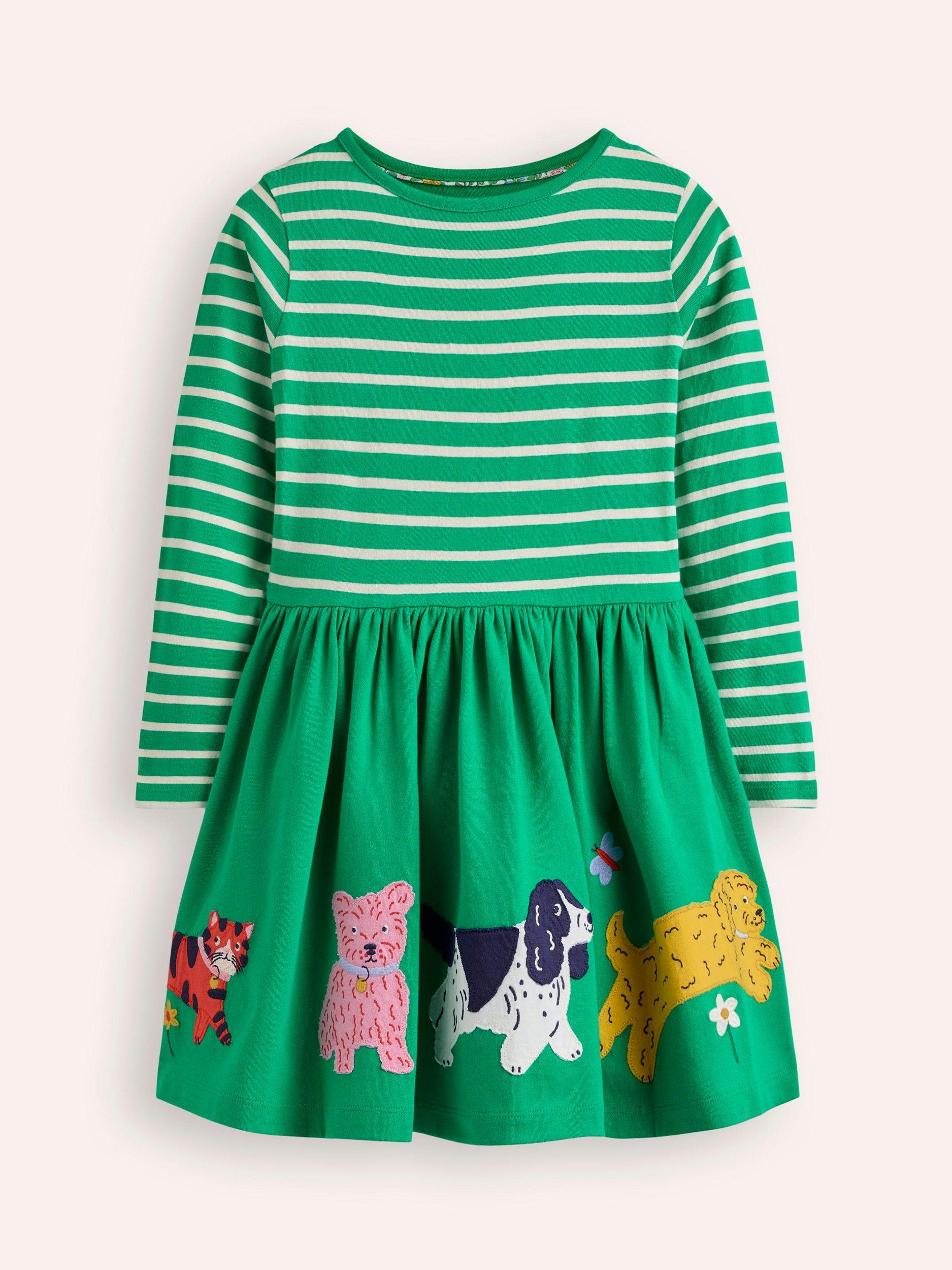 Mini Boden Kids Coco Applique Dress Bright Green Pets