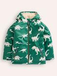 Mini Boden Kids' Faux Sherpa Fleece Lined Jacket, Spruce Green Dino