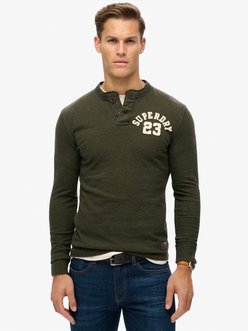 Product image 1 of 7, which shows Superdry Vintage Athletic Long Sleeve Grandad Top, Campus Green Grit, S