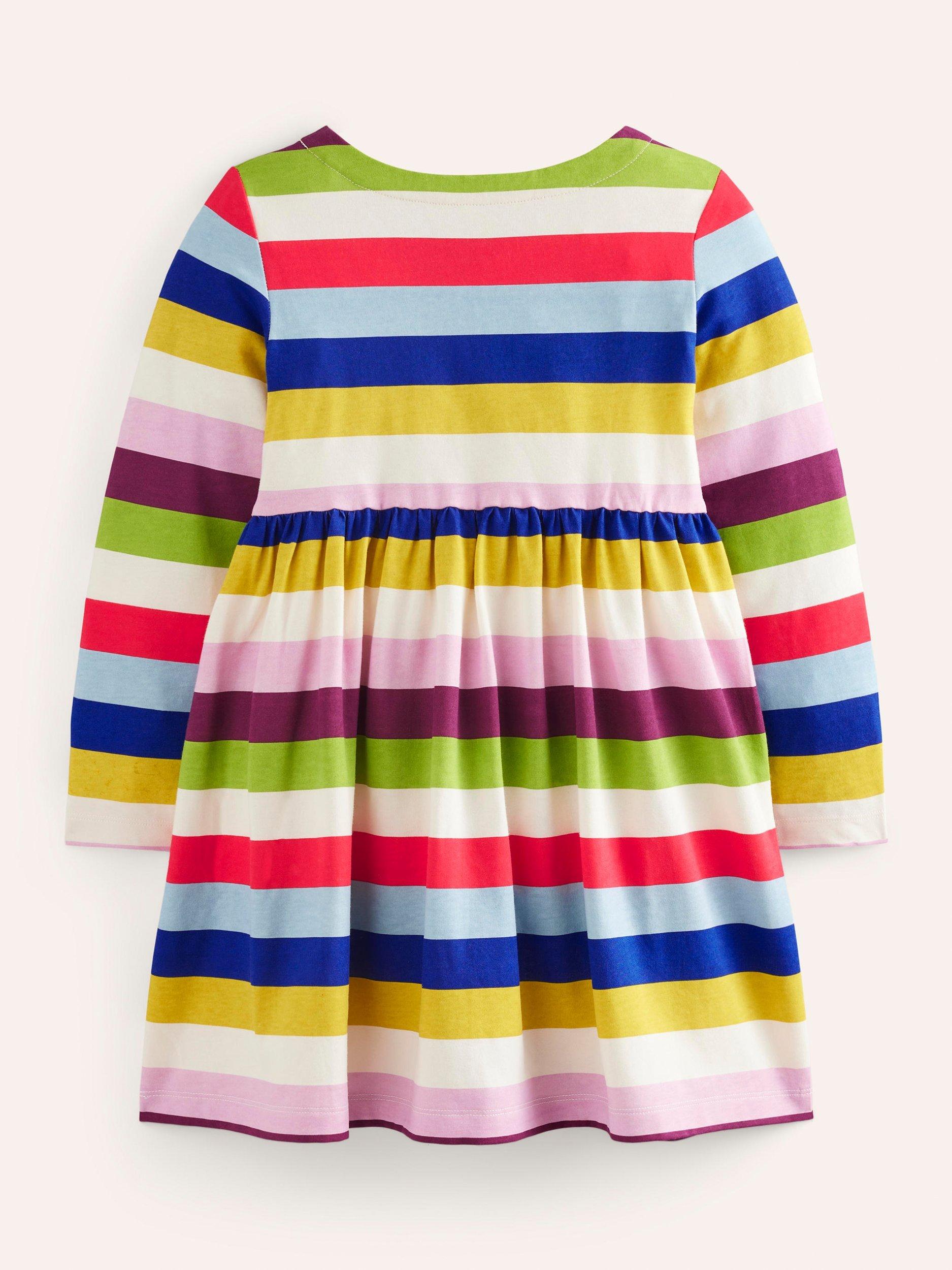 Mini Boden Kids Striped Long Sleeved Jersey Dress Rainbow Multi