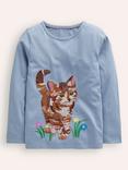 Mini Boden Kids' Cotton Superstitch Cat Top, French Blue