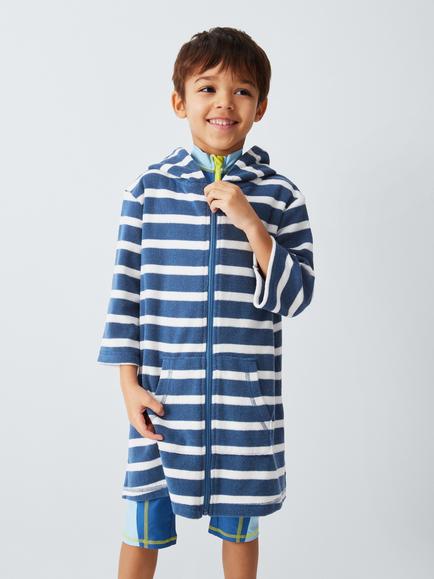 John Lewis Kids' Stripe Zip Through Towelling Poncho, Blue, Blue