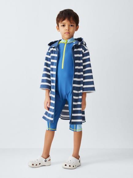 John Lewis Kids' Stripe Zip Through Towelling Poncho, Blue - view 2, Blue