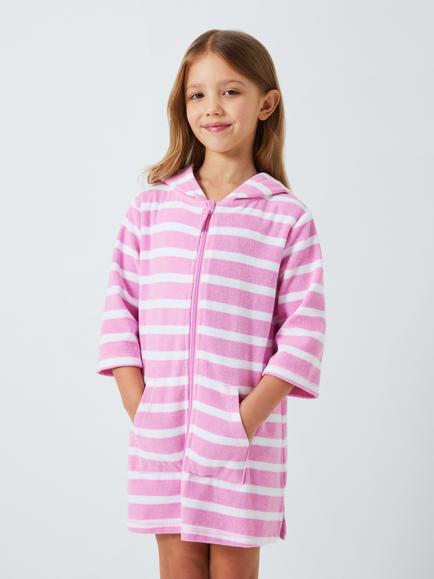John Lewis Kids' Stripe Zip Through Towelling Poncho, Pink, Pink