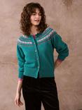 Brora Fair Isle Yoke Merino Wool Cardigan, Teal/Multi