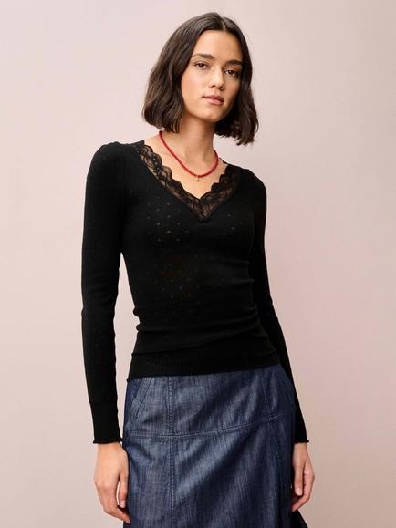 Brora Lace Trim V-Neck Top, Black