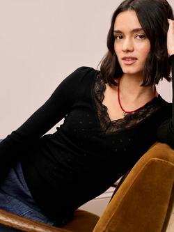 Brora Lace Trim V-Neck Top - view 2, Black