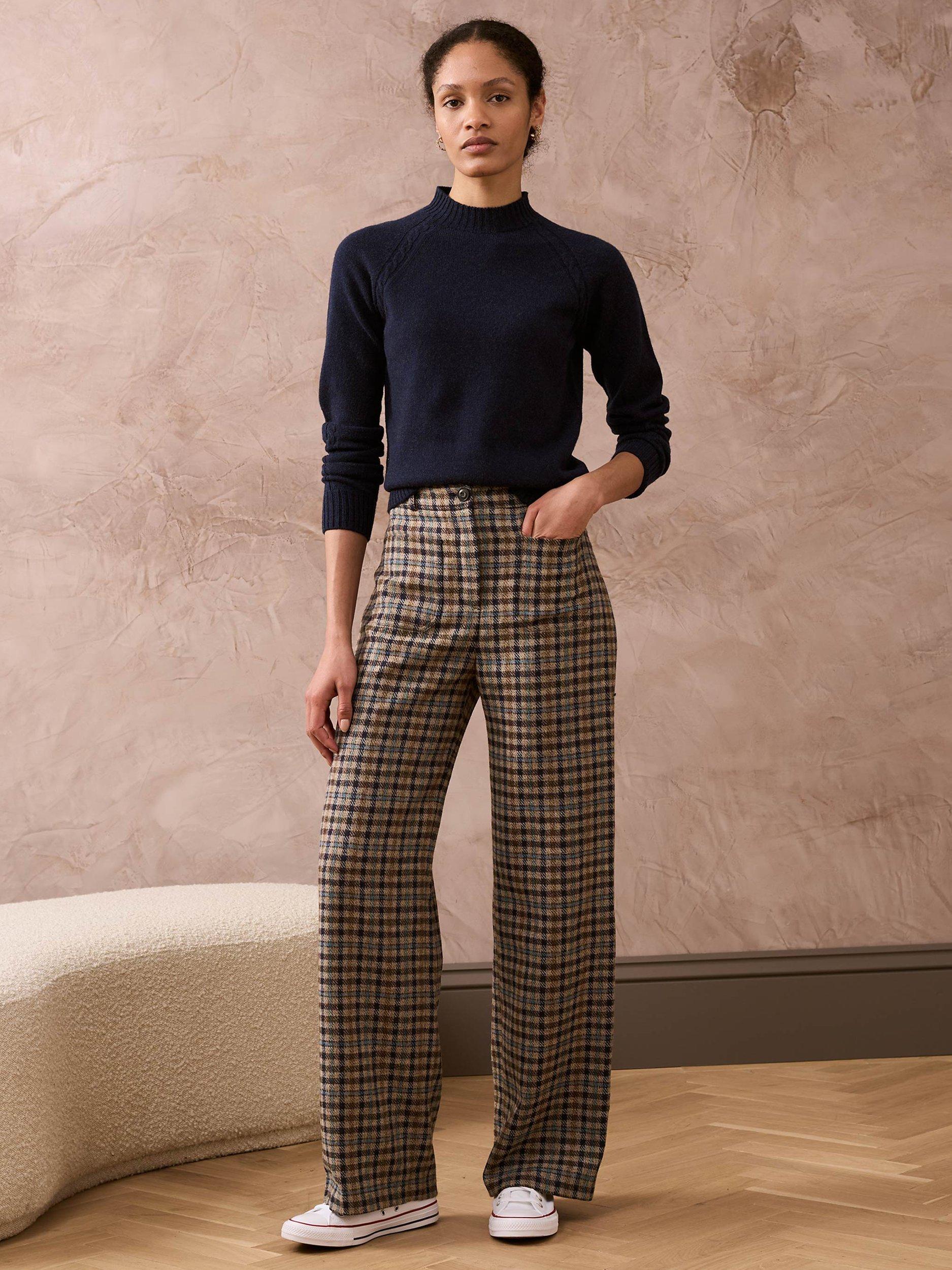 Brora Check Wool Wide Leg Trousers, Ash/Navy