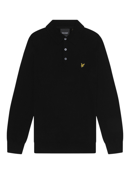 Lyle & Scott Knitted Long Sleeve Cotton Merino Wool Blend Polo Shirt, Jet Black