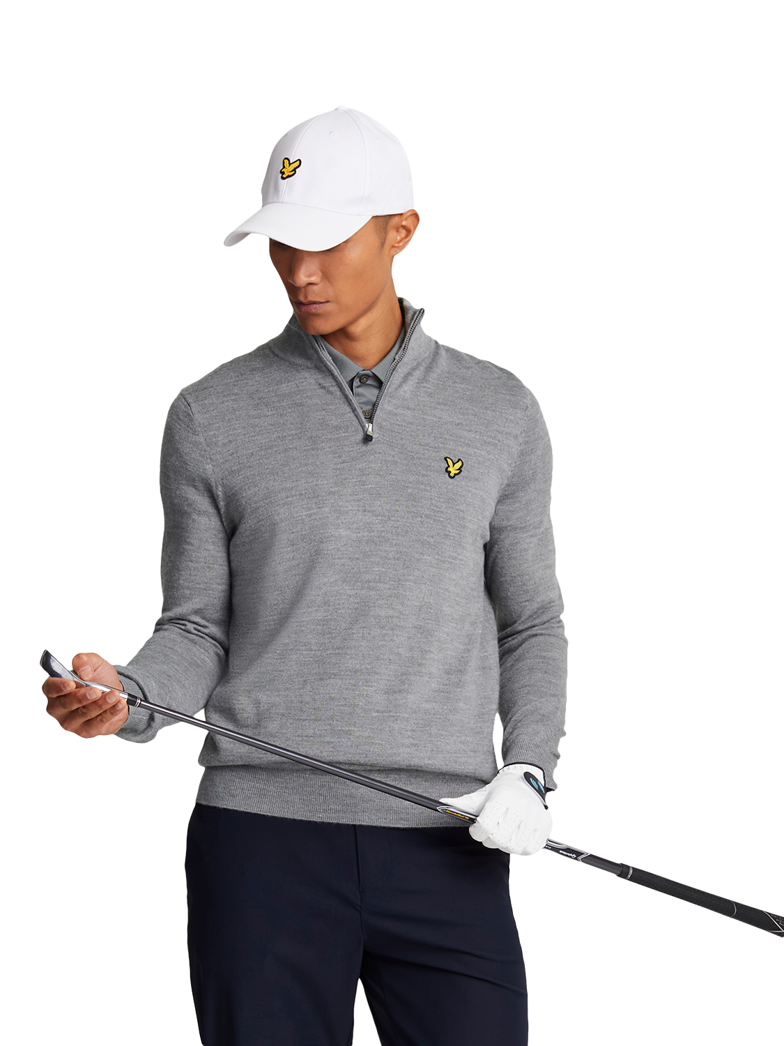Product image 1 of 5, which shows Lyle & Scott Golf Half Zip Merino Wool Blend Jumper, Mid Grey Marl, XS