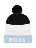 HUGO BOSS Kids' Faux Fur Pom Pom Colour Block Beanie, Medium Grey