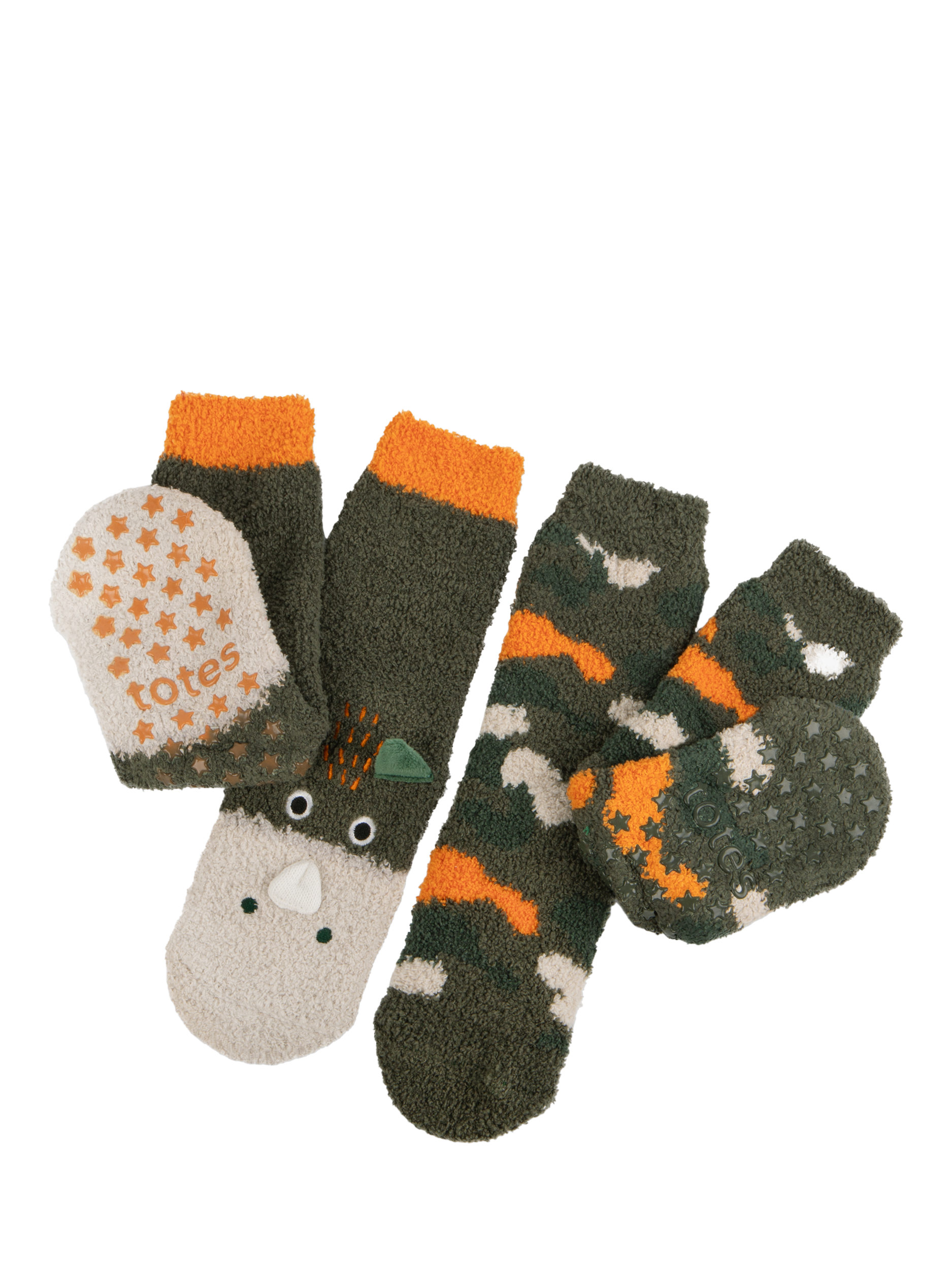 Product image 1 of 4, which shows totes Kids' Dinosaur & Camouflage Slipper Socks, Pack of 2, Multi, 6-8.5