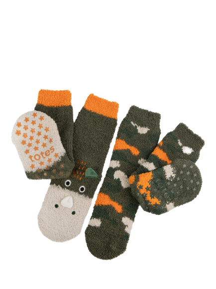 totes Kids' Dinosaur & Camouflage Slipper Socks, Pack of 2, Multi, Multi