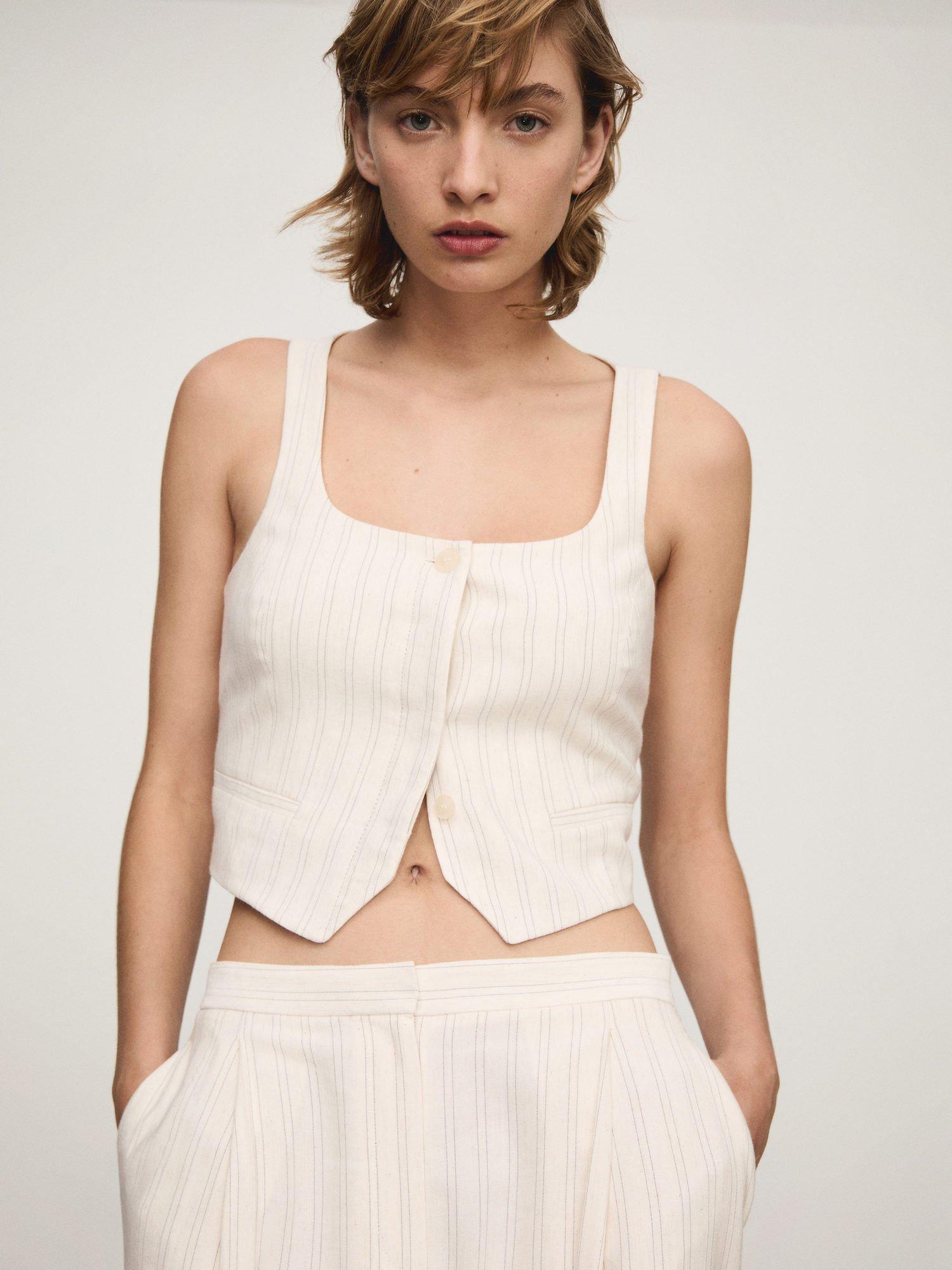 Product image 1 of 5, which shows Mango Clavel Pinstripe Linen Blend Waistcoat, Light Beige, L