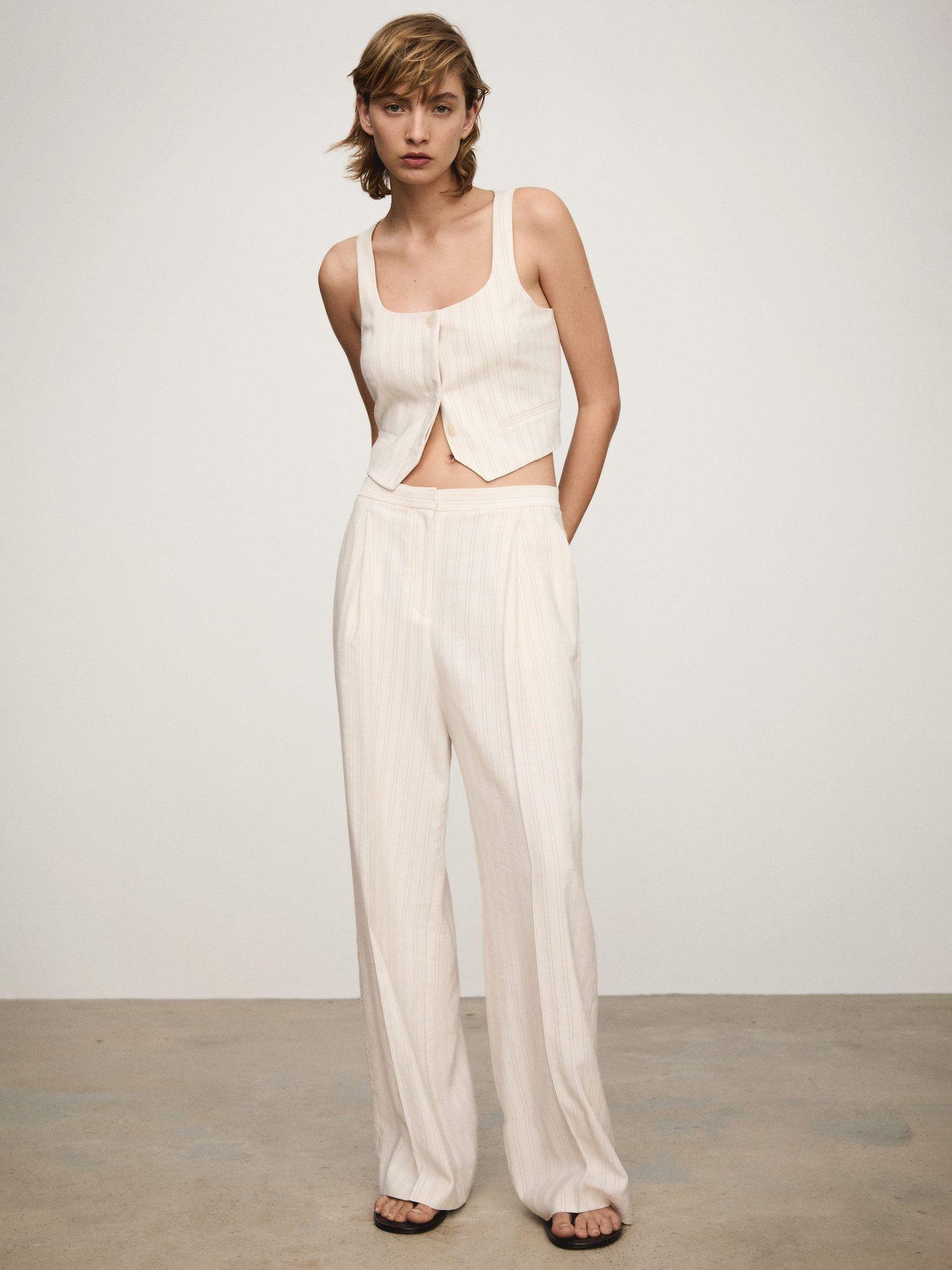 Product image 2 of 5, which shows Mango Clavel Pinstripe Linen Blend Waistcoat, Light Beige, L
