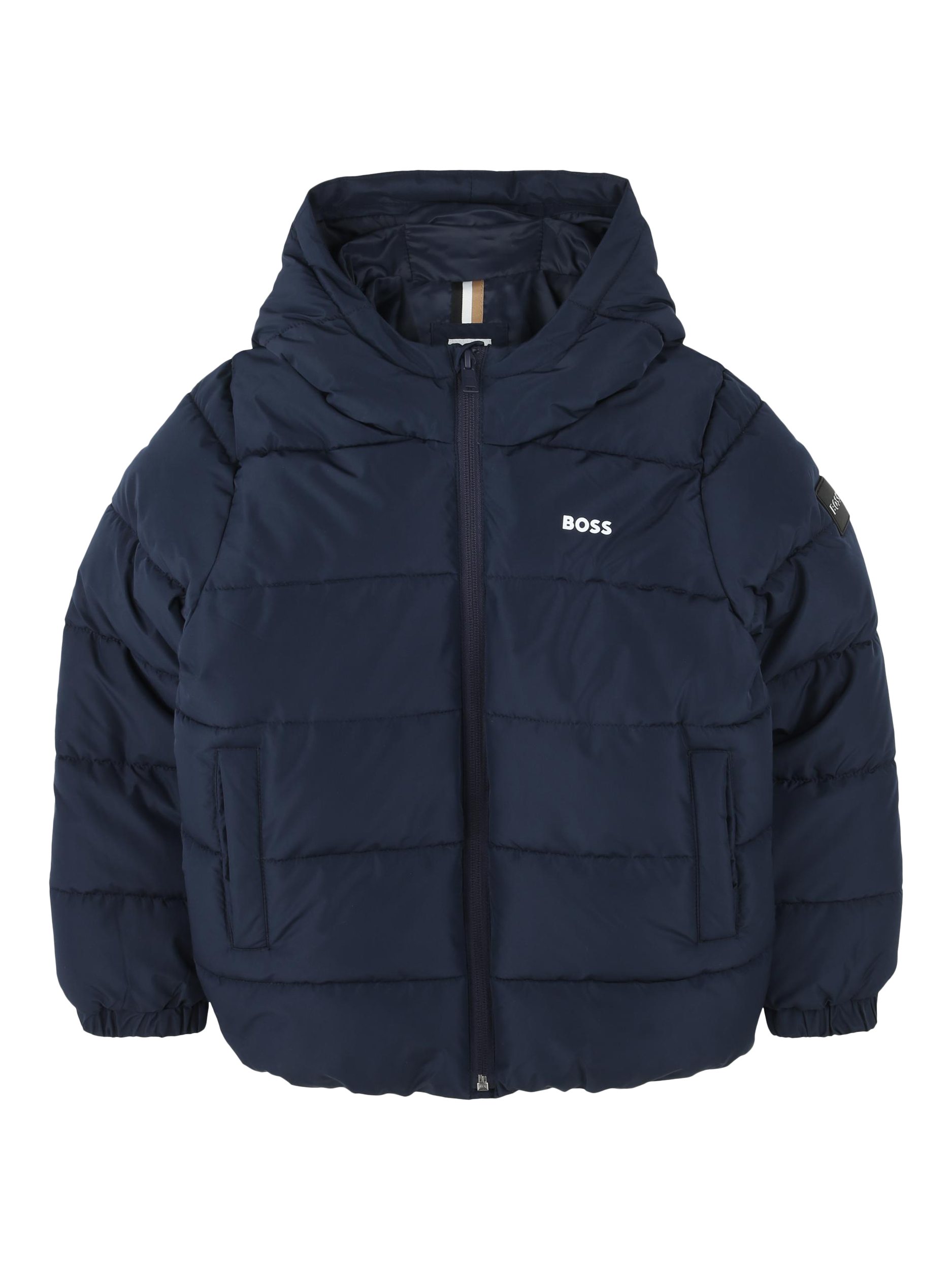 Product image 1 of 2, which shows HUGO BOSS Kids' Hooded Puffer Jacket, Navy, 8 years