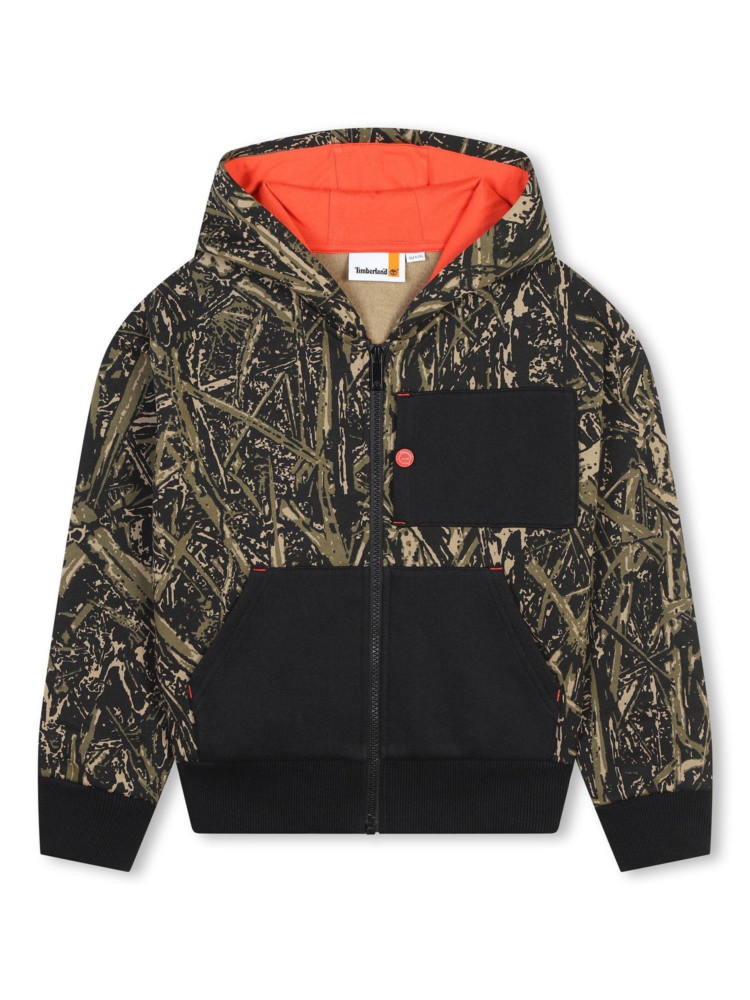 Product image 1 of 2, which shows Timberland Kids' Logo Woodland Print Zipped Hoodie, Black/Multi, 4 years