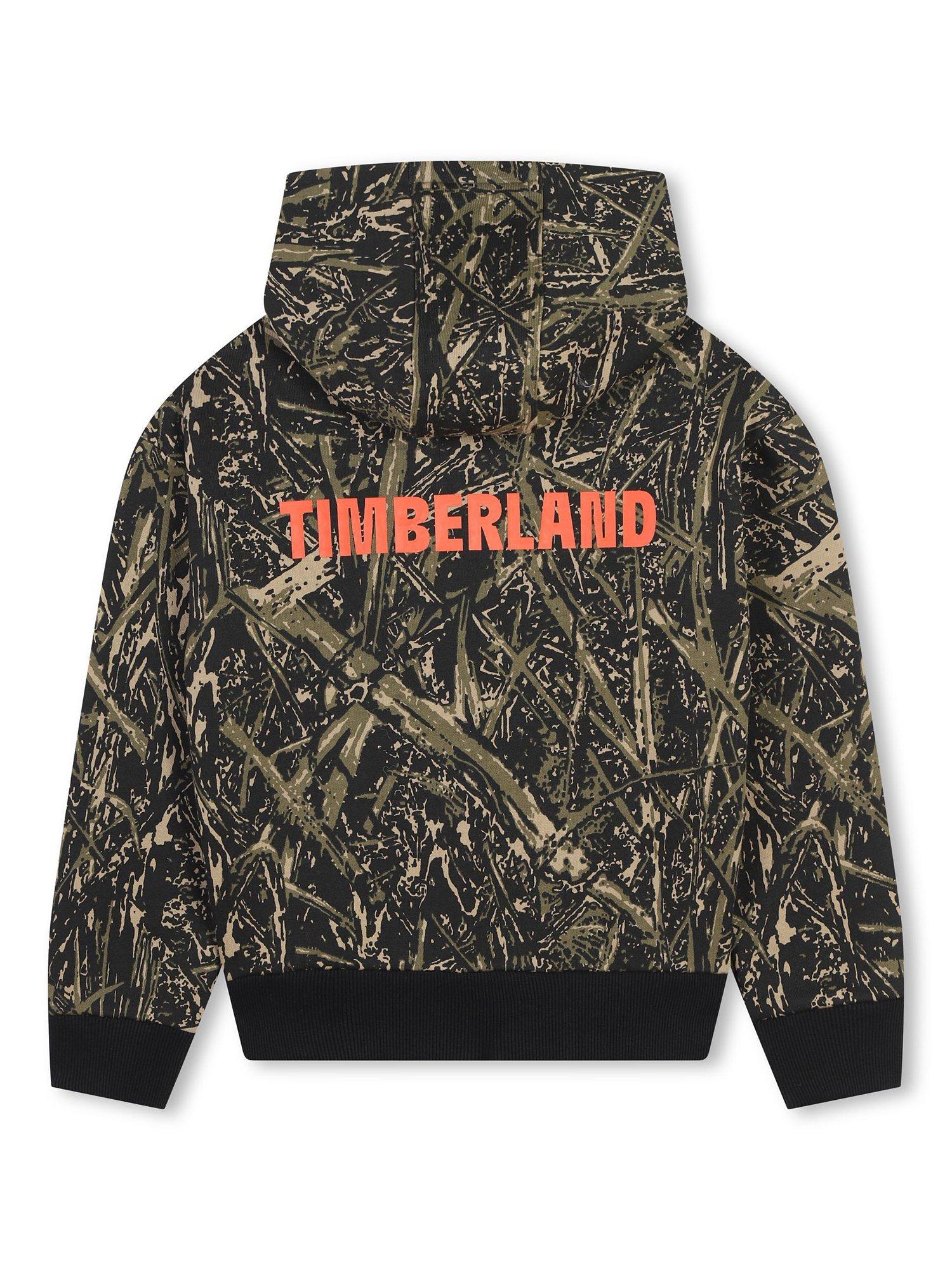 Product image 2 of 2, which shows Timberland Kids' Logo Woodland Print Zipped Hoodie, Black/Multi, 4 years