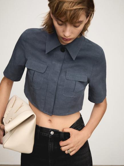 Mango Yati Crop Pocket Shirt, Medium Blue, Medium Blue