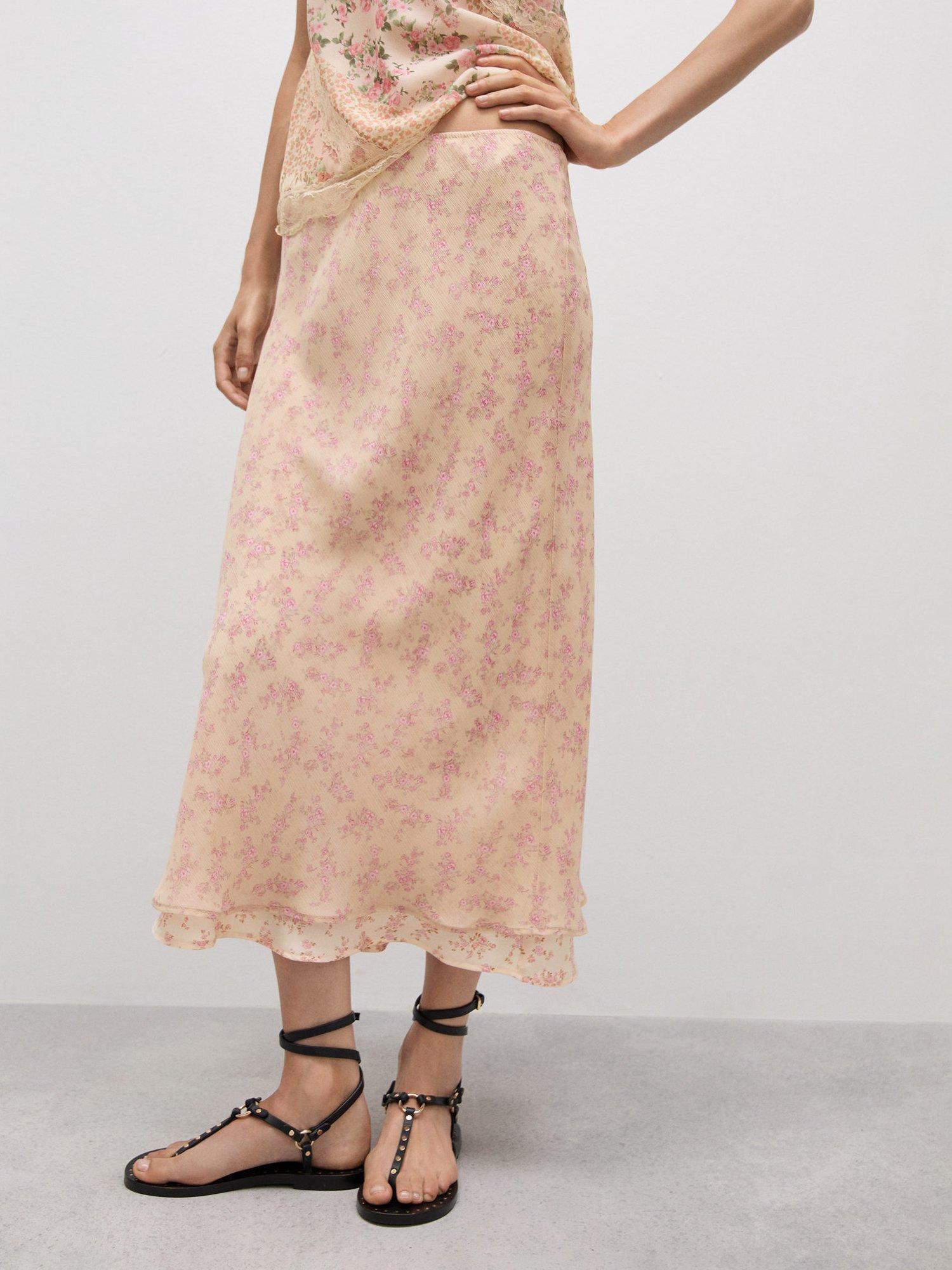 Product image 1 of 7, which shows Mango Laila Floral Skirt, Pastel Pink, S