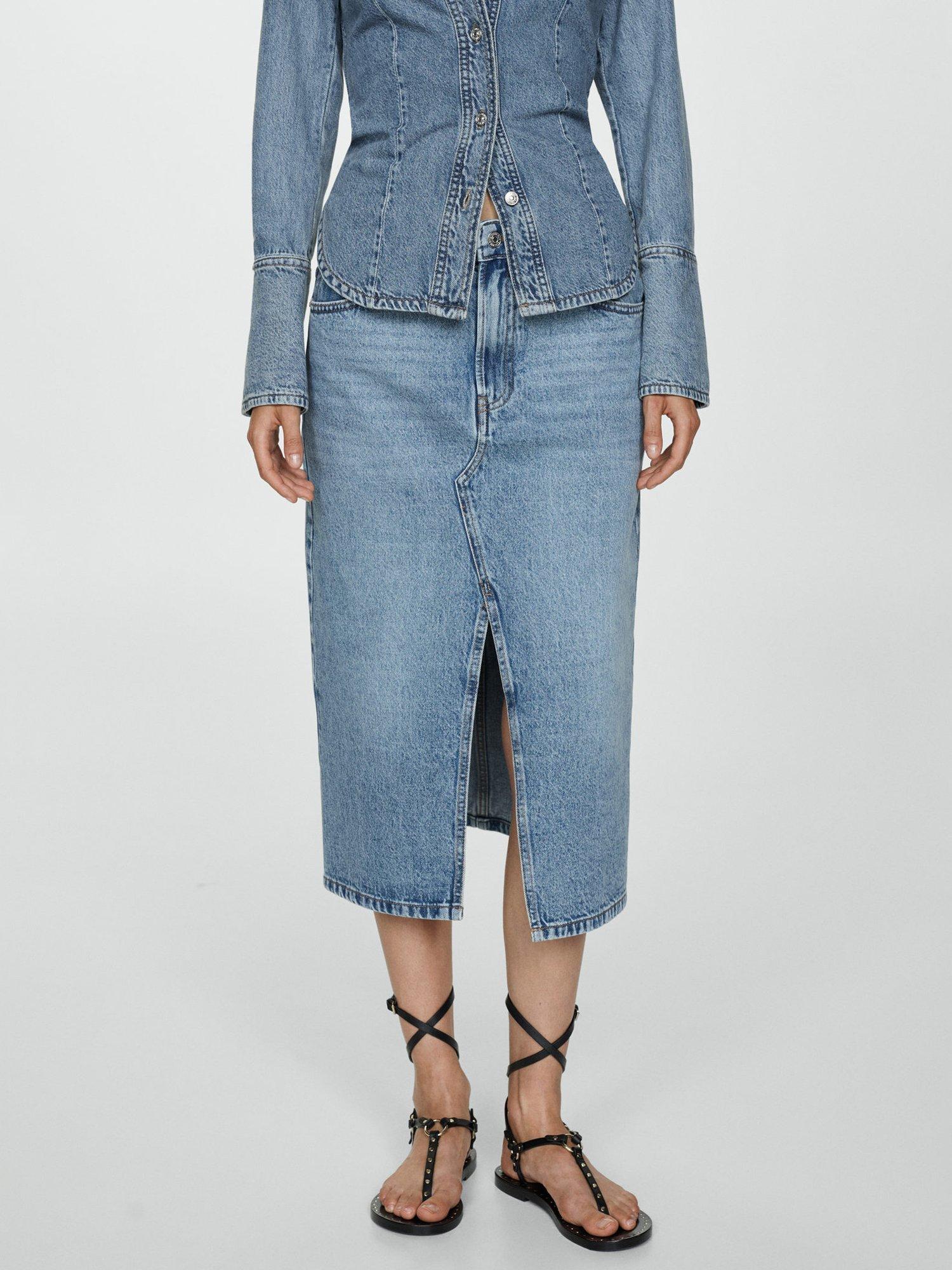 Mango Sole Denim Midi Skirt, Open Blue