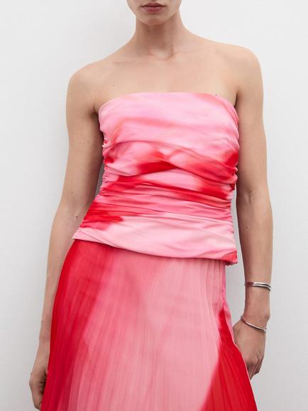 Mango Tulipan Pleat Bandeau Top, Pink/Multi, Pink/Multi