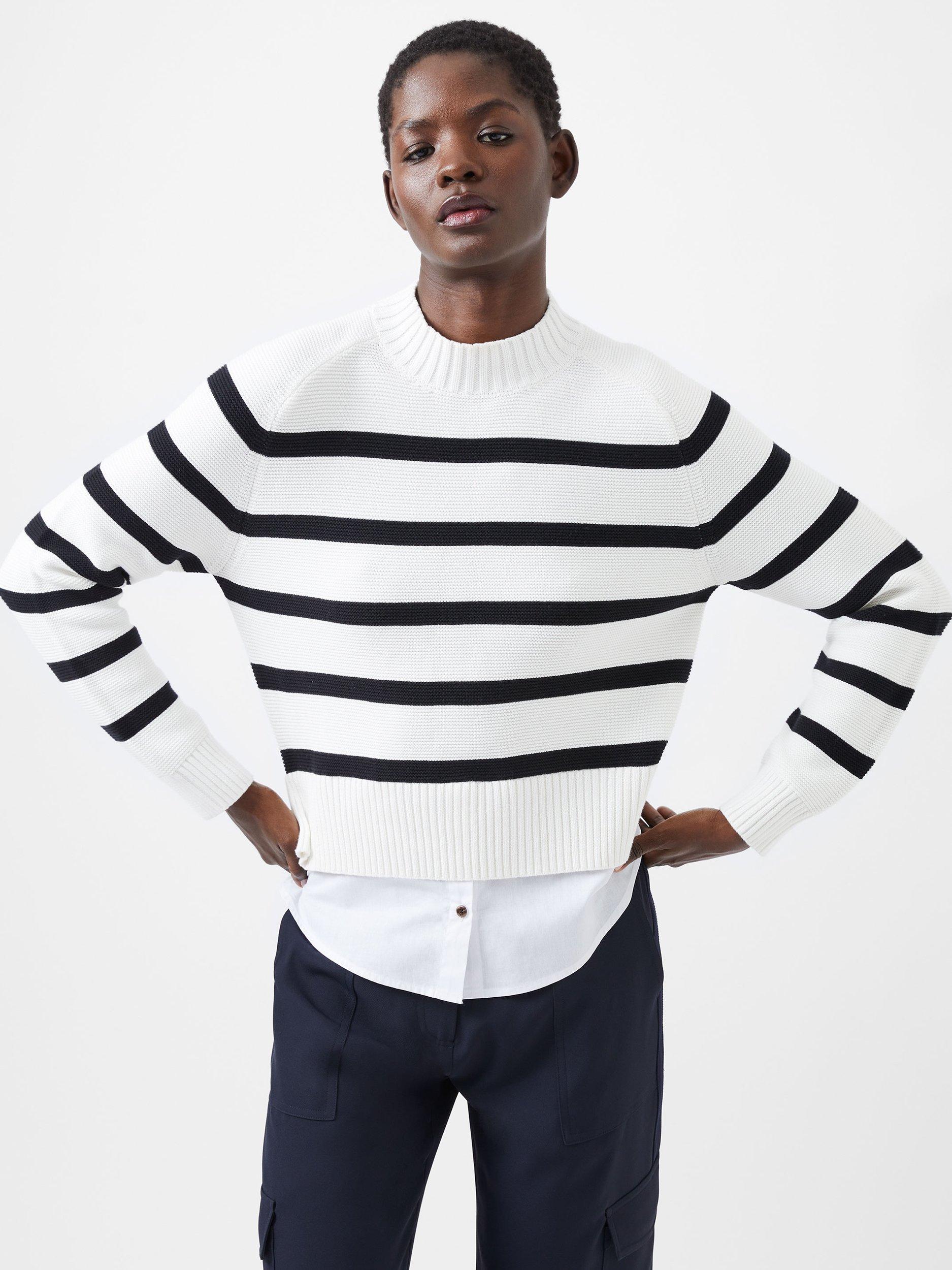 French Connection Lily Mozart Knit Poplin Mix Top, Winter White/Moonless