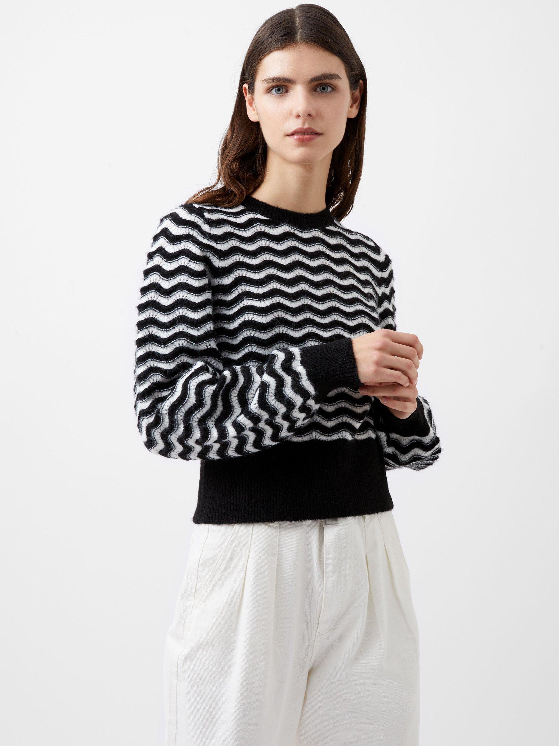 French Connection Natasha Scallop Wool Blend Jumper, Moonless Night/Cream