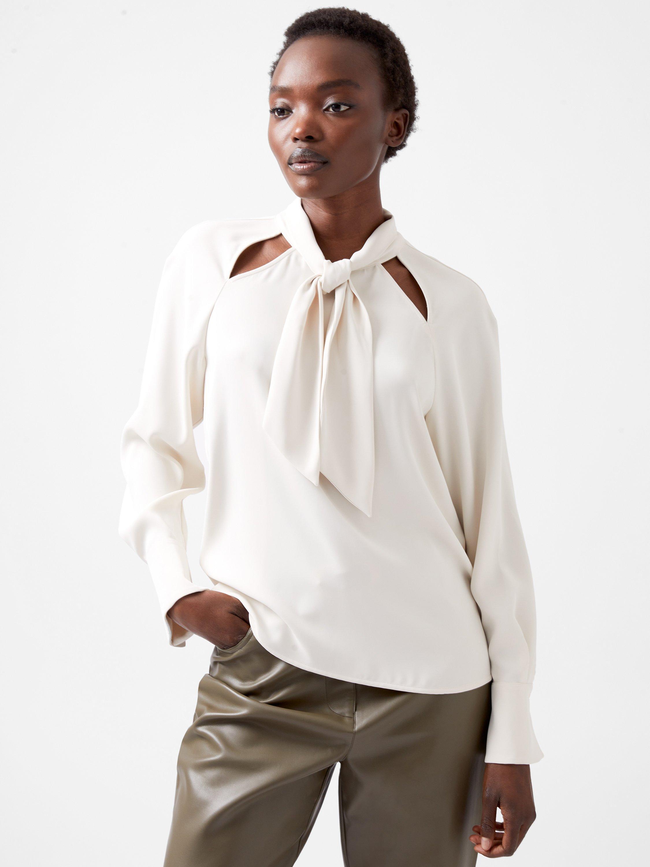 Product image 1 of 4, which shows French Connection Carmen Tie Neck Top, Classic Cream, XS