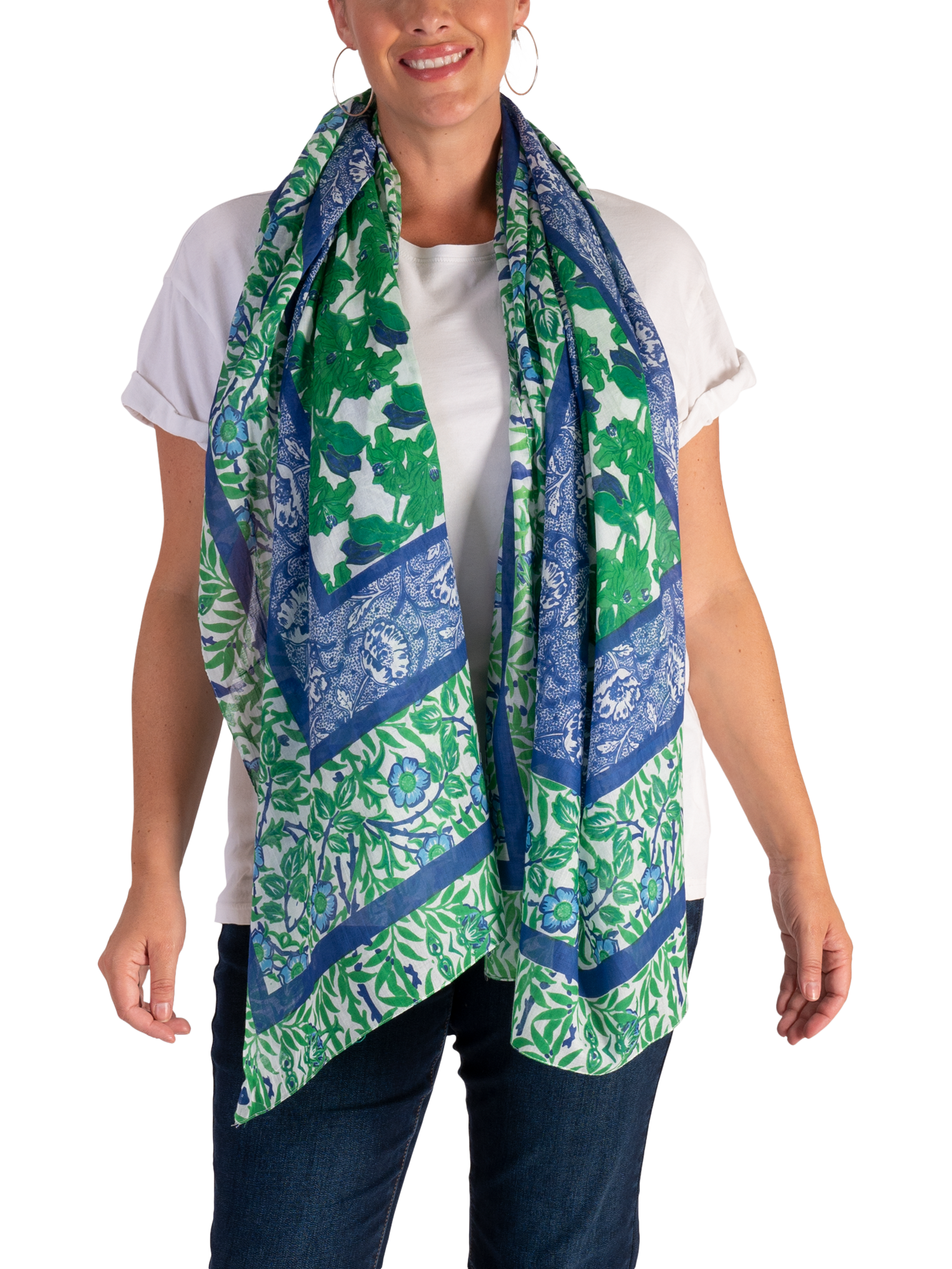 Product image 2 of 5, which shows chesca Floral Border Scarf, Green/Multi