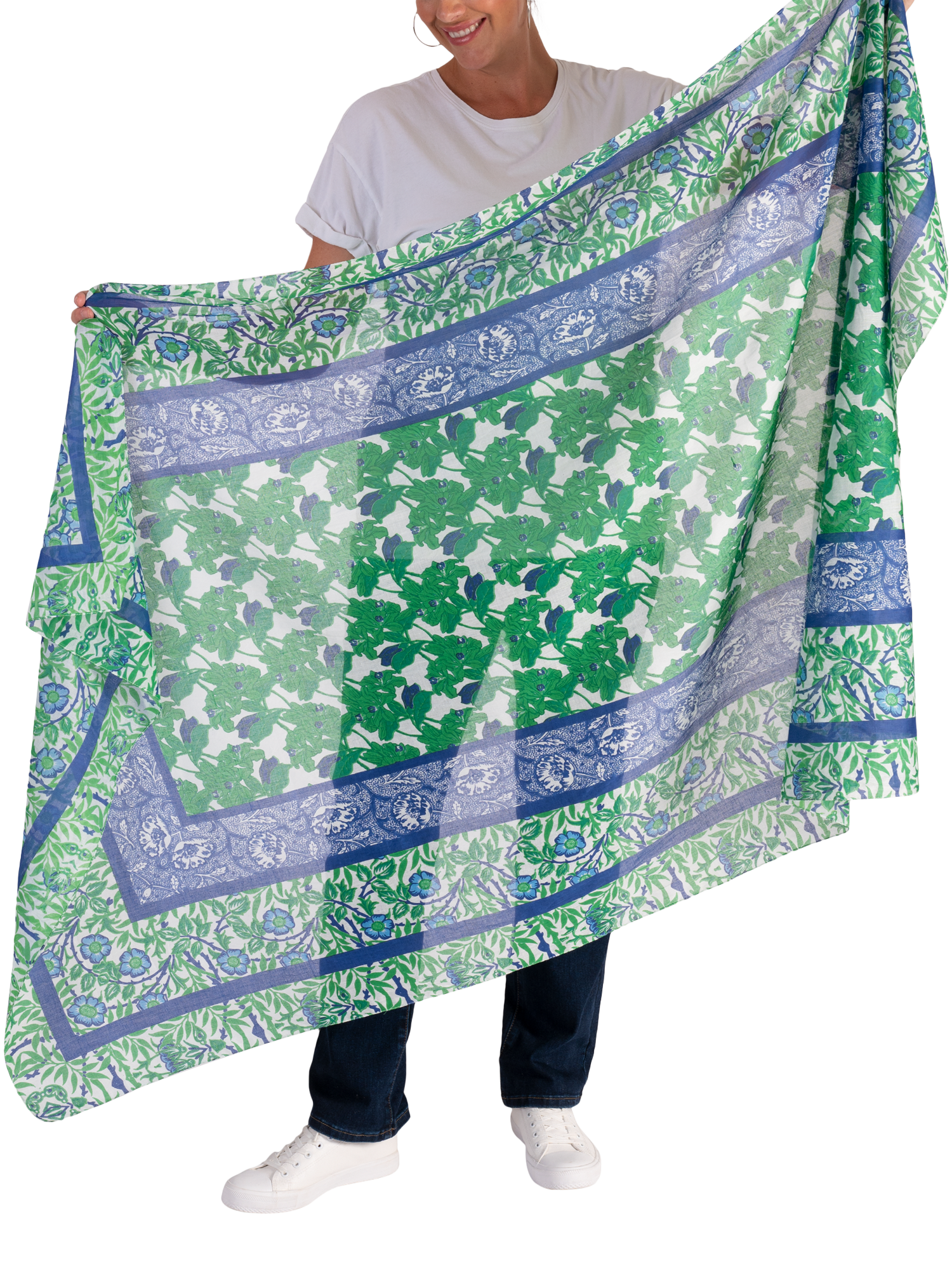 Product image 3 of 5, which shows chesca Floral Border Scarf, Green/Multi