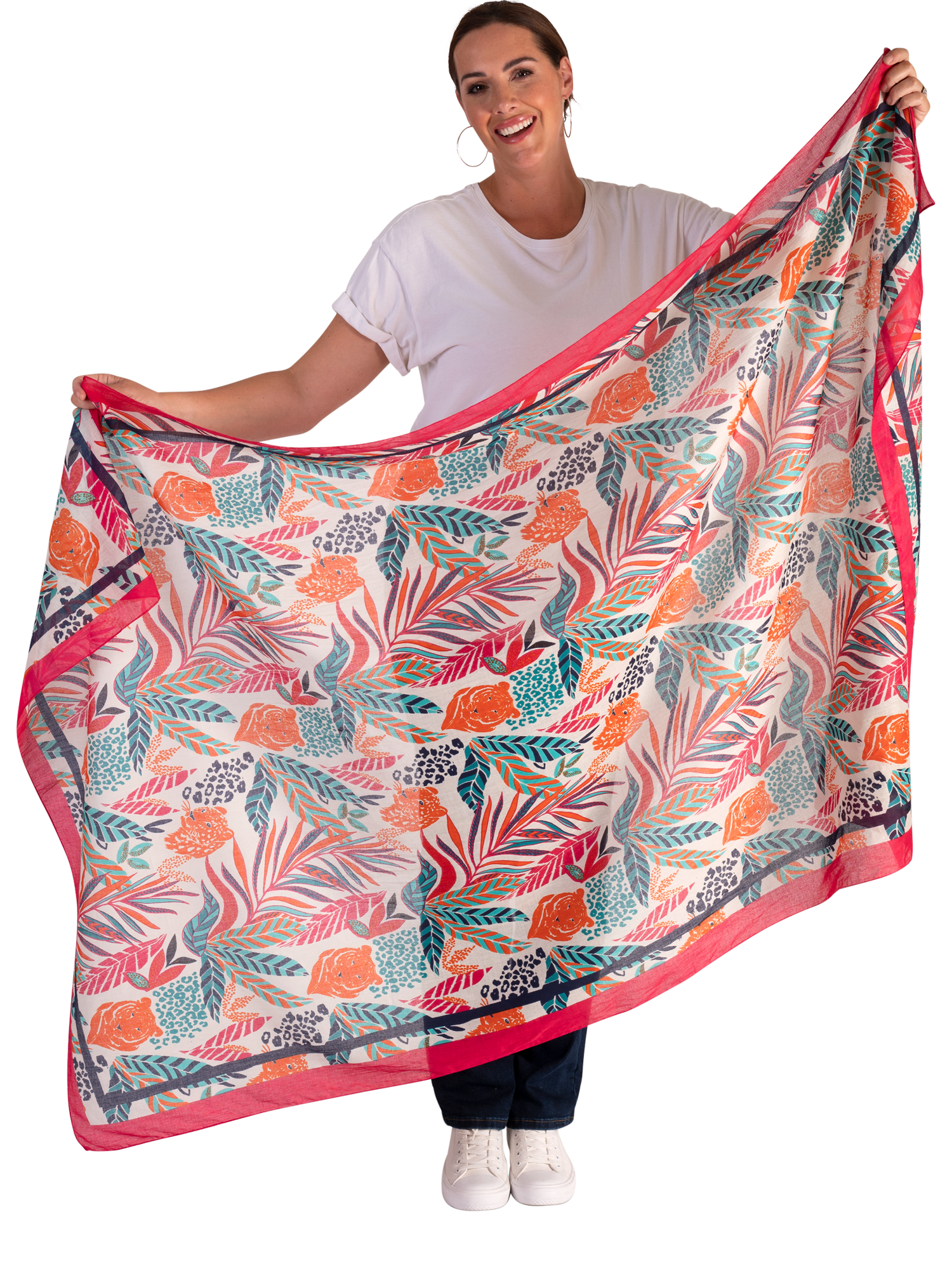 Product image 3 of 5, which shows chesca Jungle Print Scarf, Pink/Multi