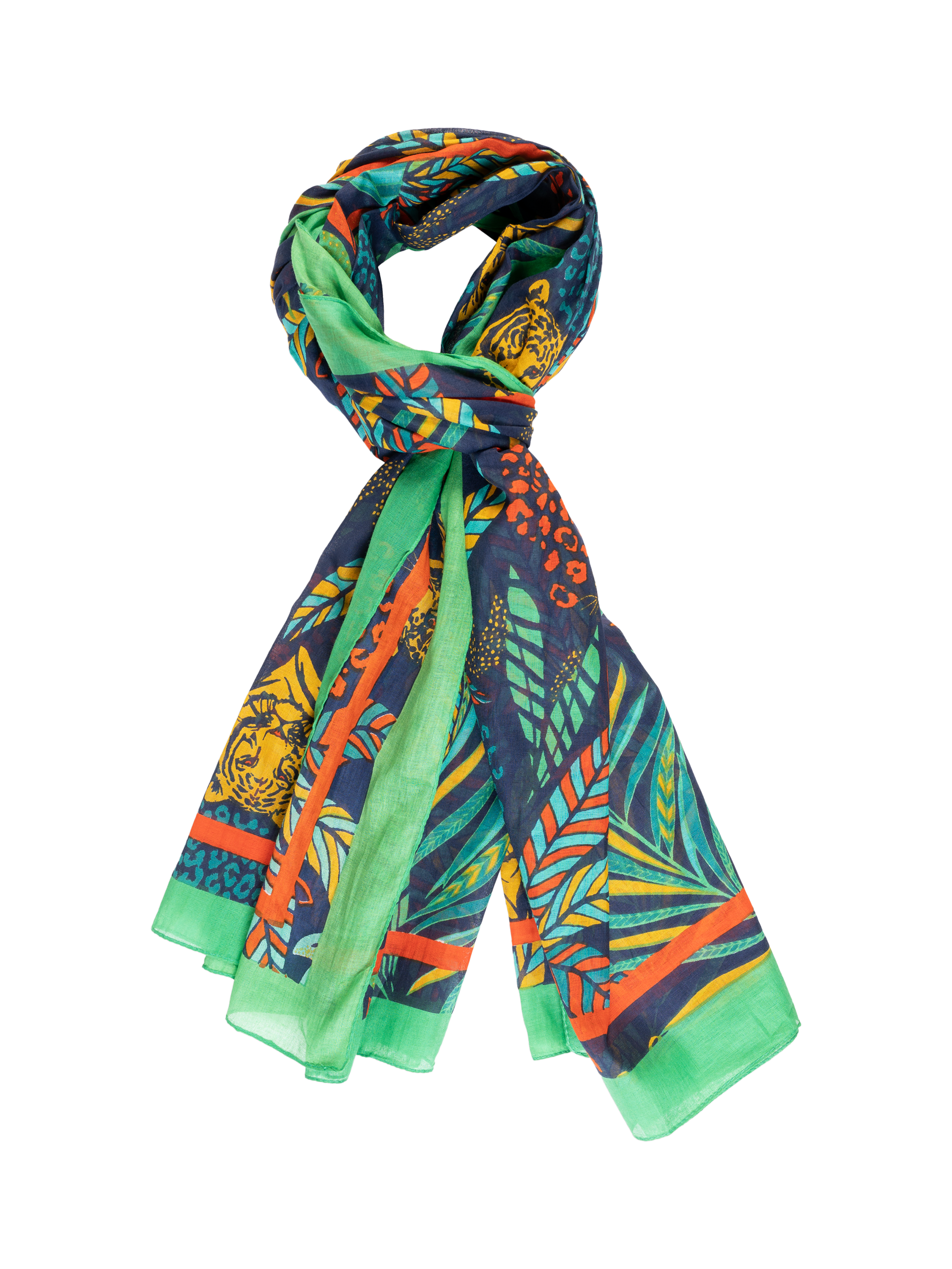Product image 1 of 5, which shows chesca Jungle Print Scarf, Navy/Multi