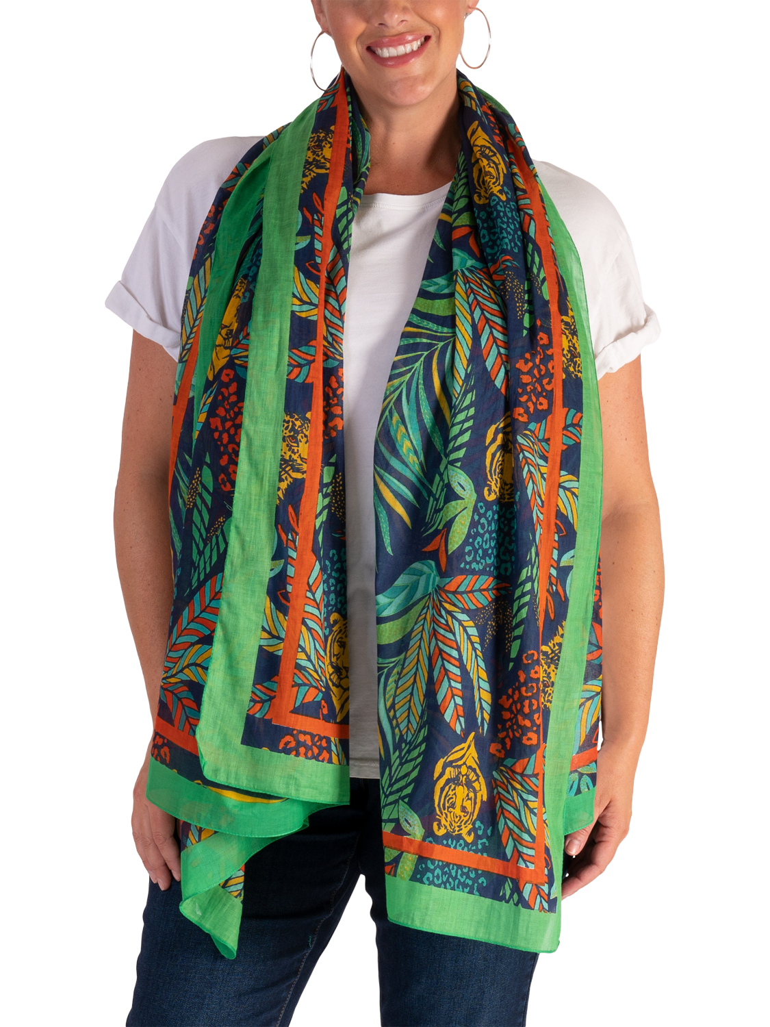 Product image 2 of 5, which shows chesca Jungle Print Scarf, Navy/Multi