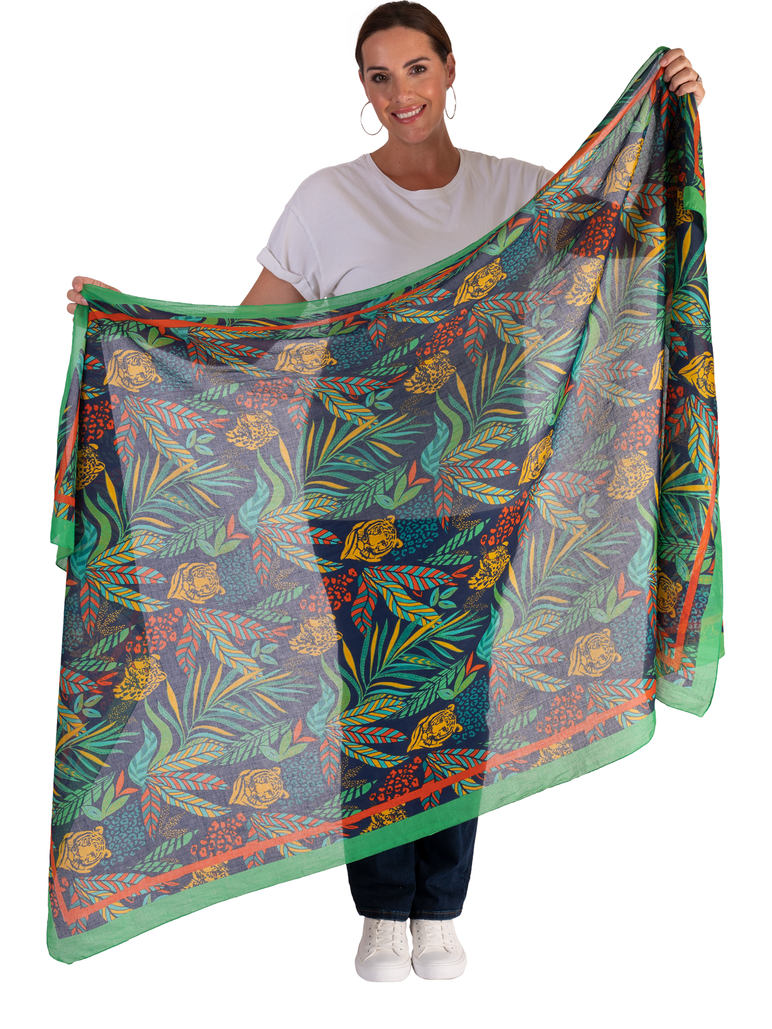 Product image 3 of 5, which shows chesca Jungle Print Scarf, Navy/Multi