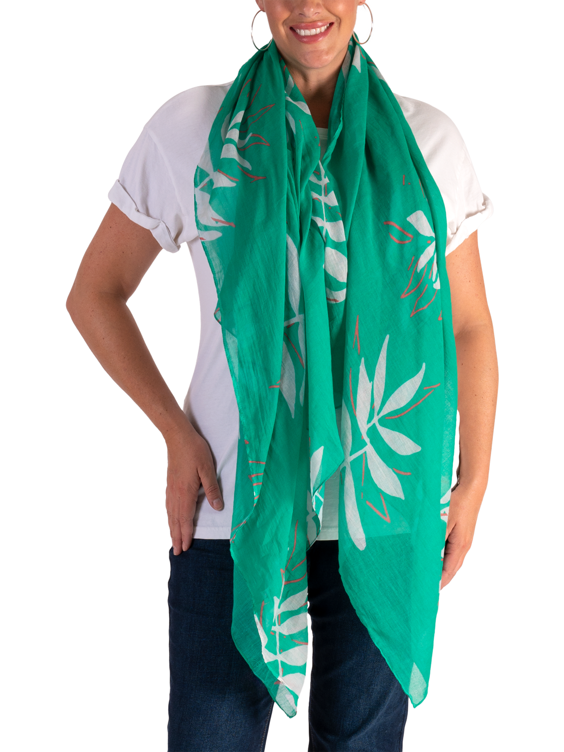 Product image 2 of 5, which shows chesca Palm Print Scarf, Jade/Multi