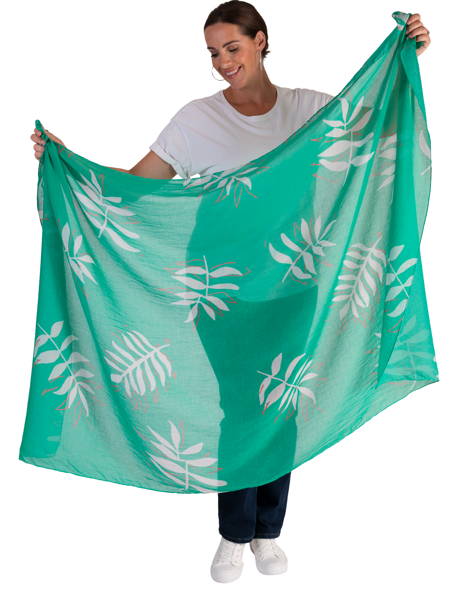 Product image 3 of 5, which shows chesca Palm Print Scarf, Jade/Multi